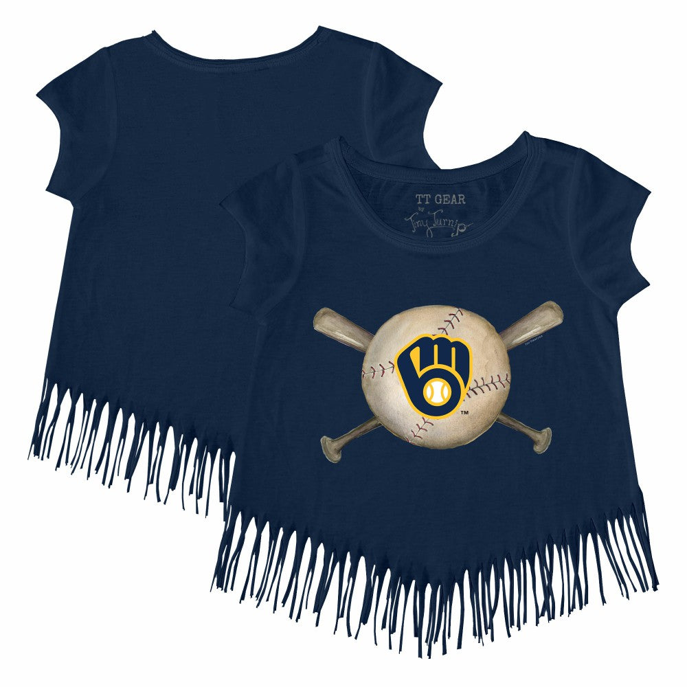 Milwaukee Brewers Tiny Turnip Girls Youth Baseball Cross Bats Fringe T-Shirt Navy