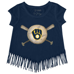 Milwaukee Brewers Tiny Turnip Girls Youth Baseball Cross Bats Fringe T-Shirt Navy