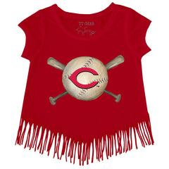 Cincinnati Reds Tiny Turnip Girls Youth Baseball Cross Bats Fringe T-Shirt Red