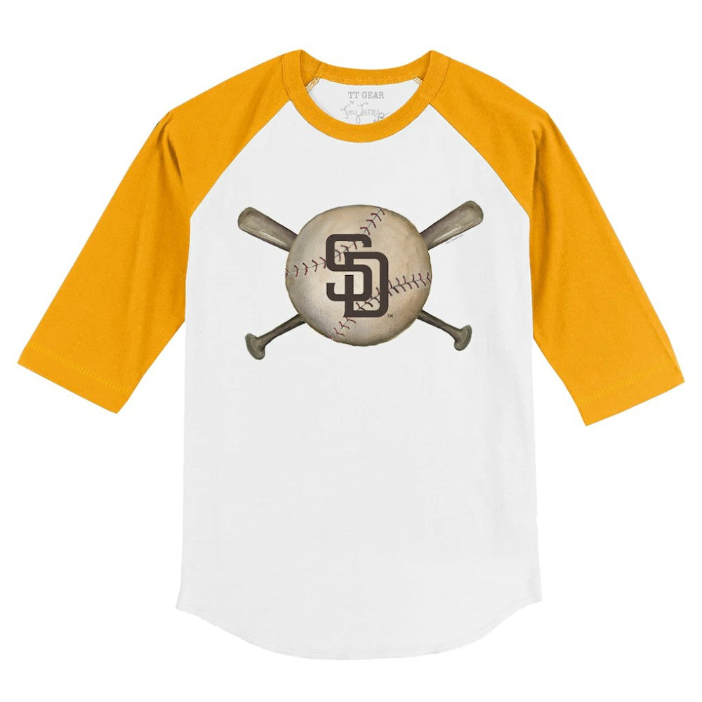 San Diego Padres Tiny Turnip Youth Baseball Cross Bats 3/4-Sleeve Raglan T-Shirt White/Gold