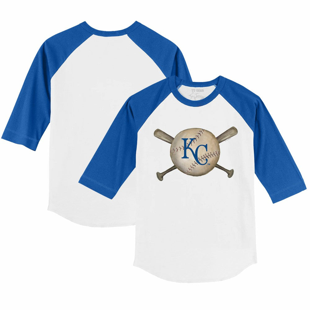 Kansas City Royals Tiny Turnip Youth Baseball Cross Bats 3/4-Sleeve Raglan T-Shirt White/Royal