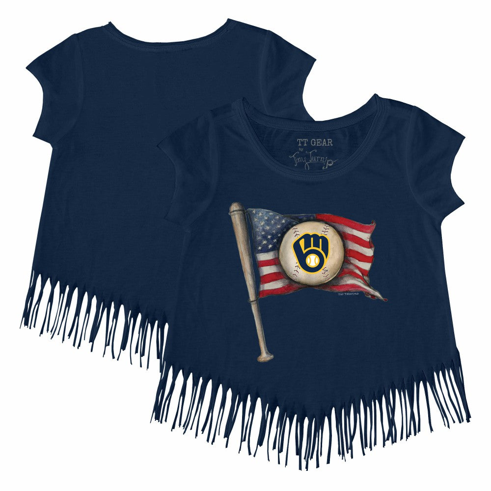Milwaukee Brewers Tiny Turnip Girls Youth Baseball Flag Fringe T-Shirt Navy