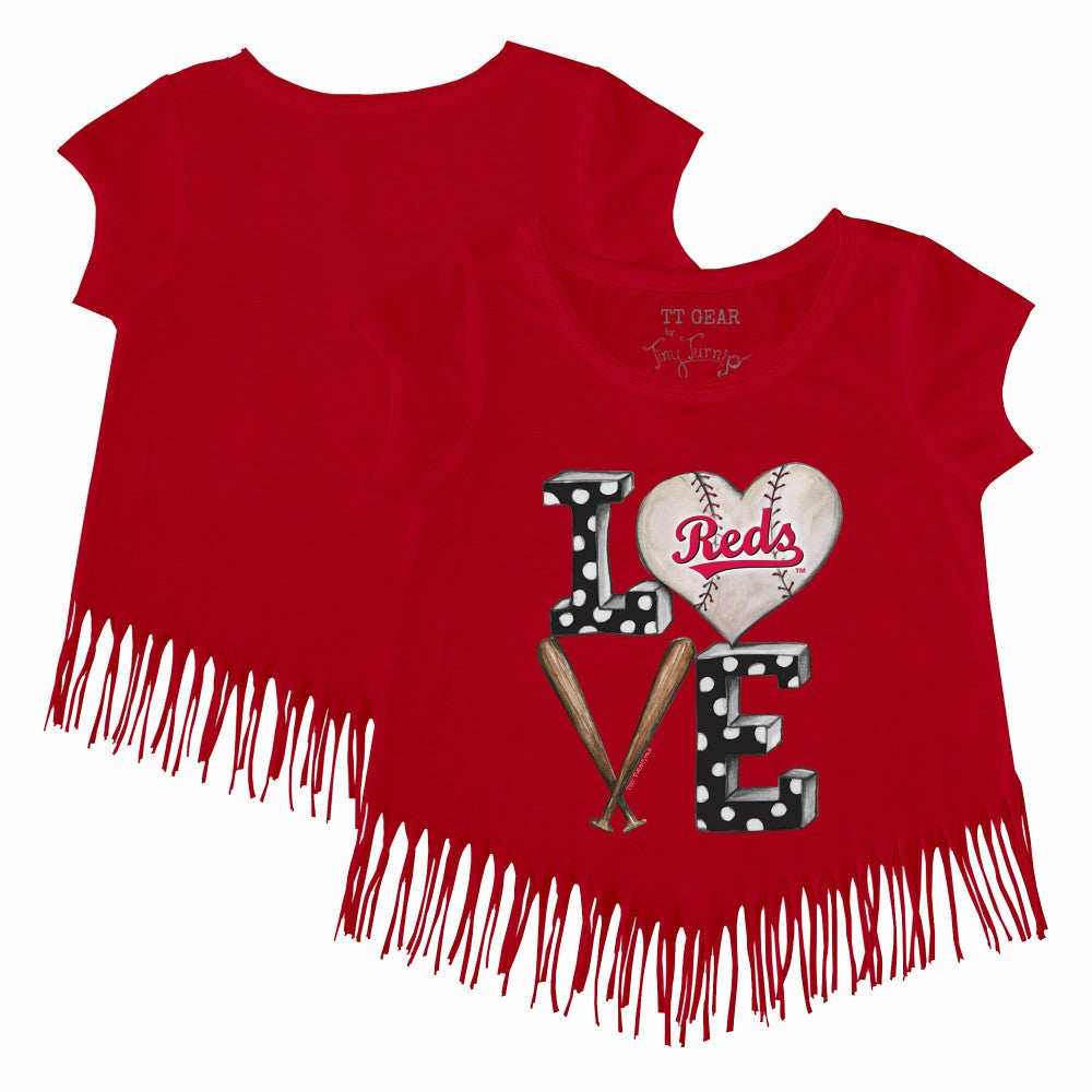 Cincinnati Reds Tiny Turnip Girls Youth Baseball Love Fringe T-Shirt Red