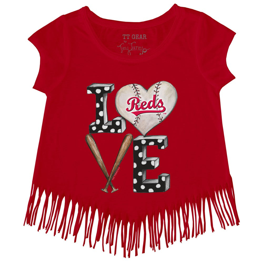 Cincinnati Reds Tiny Turnip Girls Youth Baseball Love Fringe T-Shirt Red