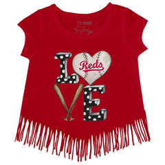 Cincinnati Reds Tiny Turnip Girls Youth Baseball Love Fringe T-Shirt Red
