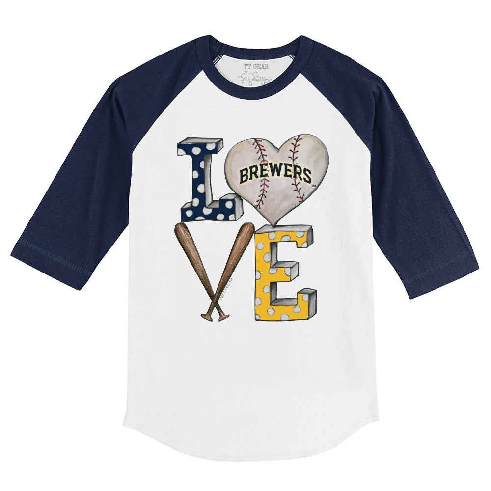 Milwaukee Brewers Tiny Turnip Youth Baseball Love 3/4-Sleeve Raglan T-Shirt White/Navy