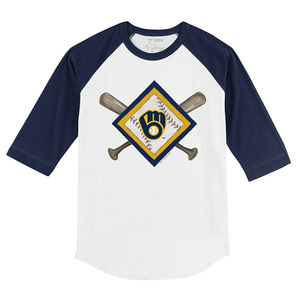Milwaukee Brewers Tiny Turnip Youth Diamond Cross Bats 3/4-Sleeve Raglan T-Shirt White/Navy