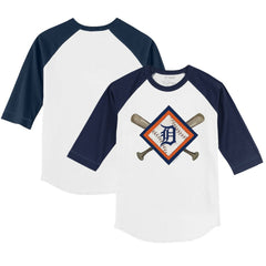 Detroit Tigers Tiny Turnip Youth Diamond Cross Bats 3/4-Sleeve Raglan T-Shirt White/Navy