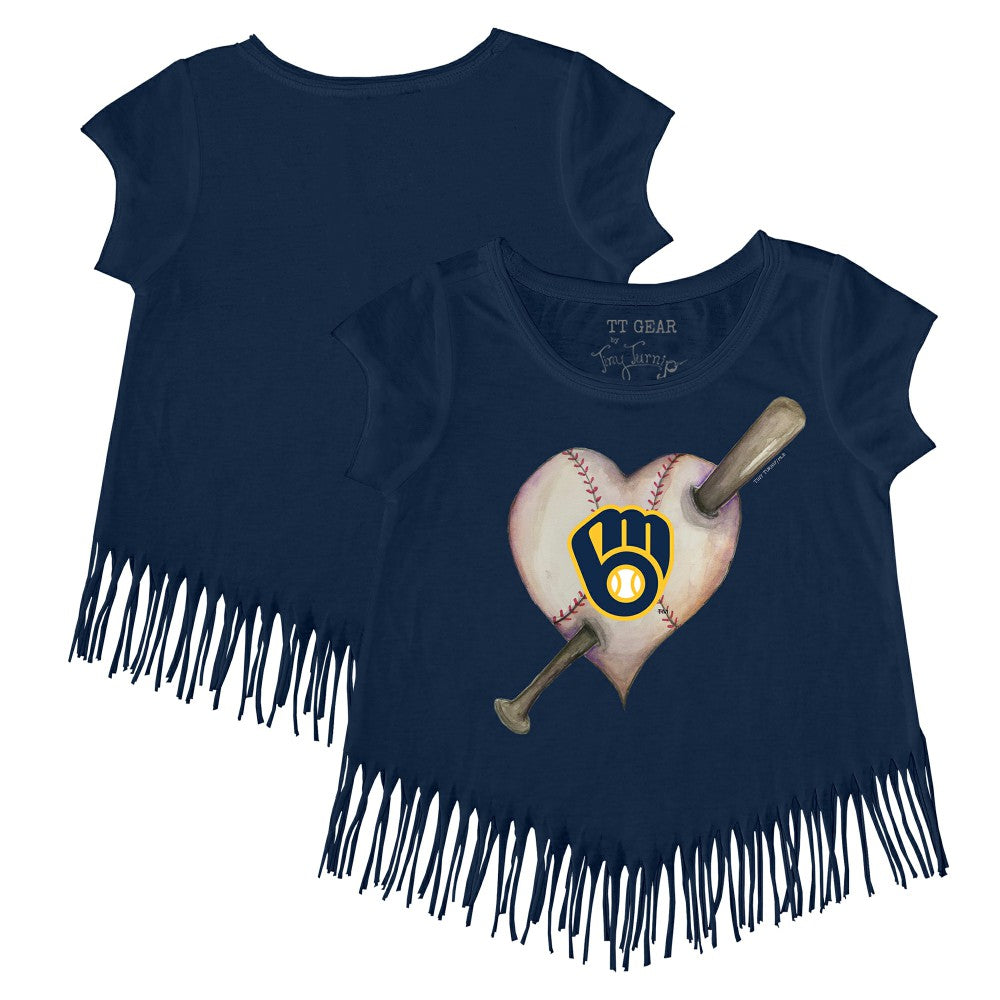 Milwaukee Brewers Tiny Turnip Girls Youth Heart Bat Fringe T-Shirt Navy