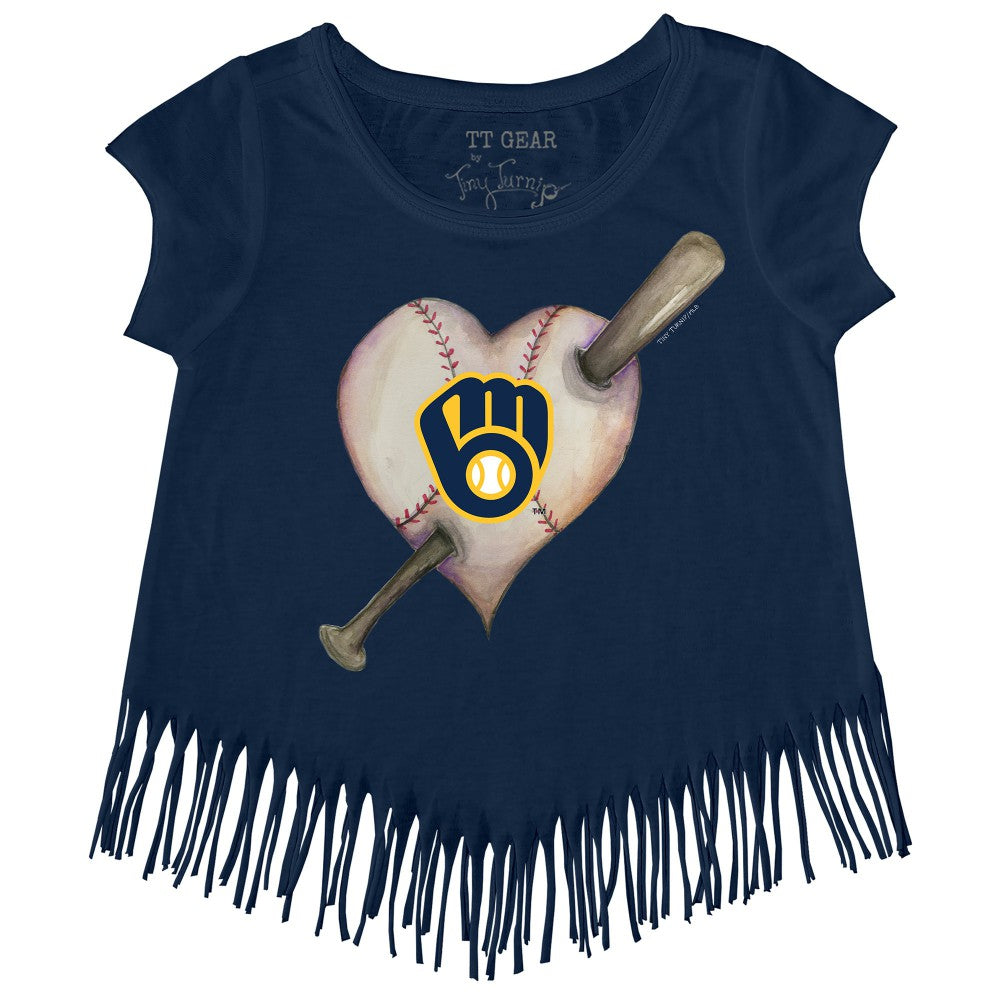 Milwaukee Brewers Tiny Turnip Girls Youth Heart Bat Fringe T-Shirt Navy
