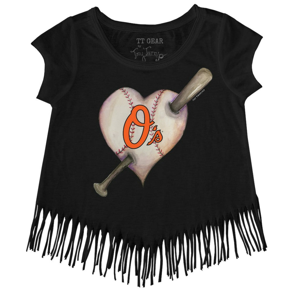 Baltimore Orioles Tiny Turnip Girls Youth Heart Bat Fringe T-Shirt Black