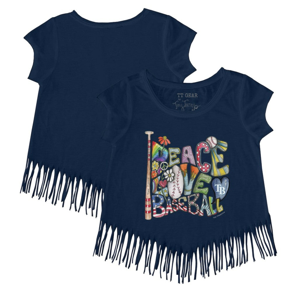 Tampa Bay Rays Tiny Turnip Girls Youth Peace Love Baseball Fringe T-Shirt Navy