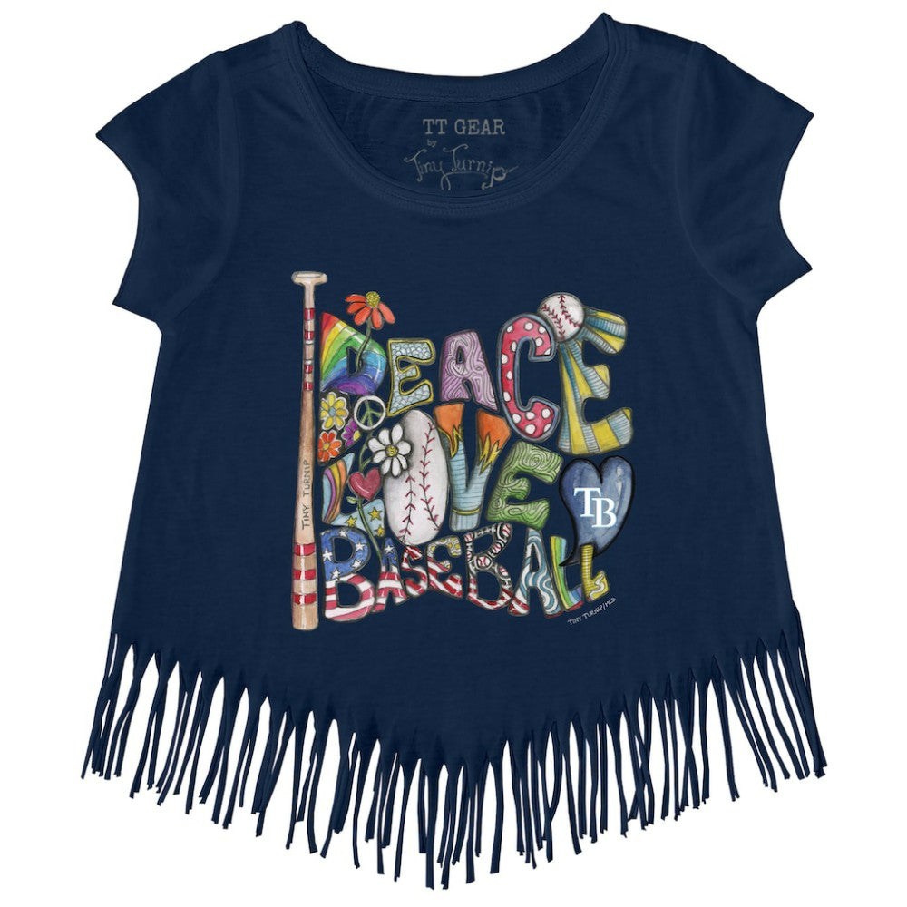 Tampa Bay Rays Tiny Turnip Girls Youth Peace Love Baseball Fringe T-Shirt Navy