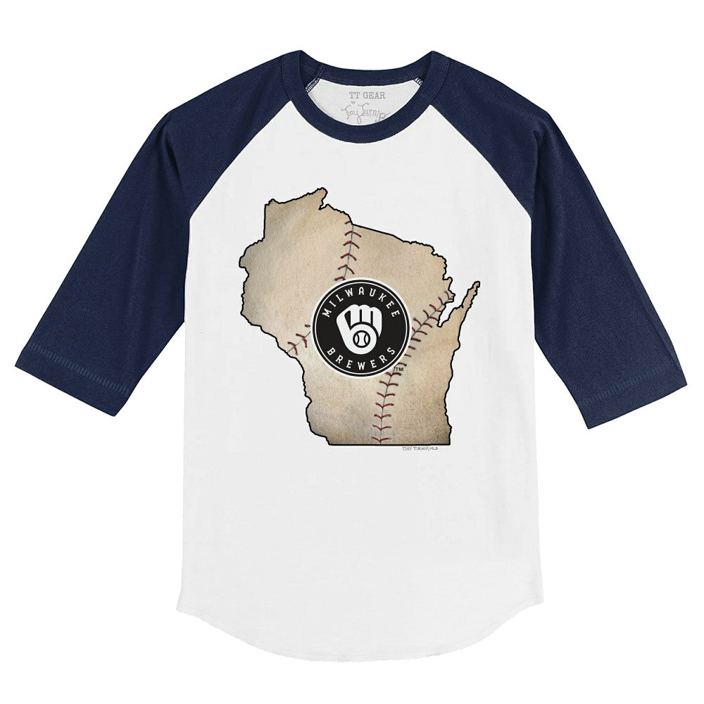 Milwaukee Brewers Tiny Turnip Youth State Outline 3/4-Sleeve Raglan T-Shirt White/Navy