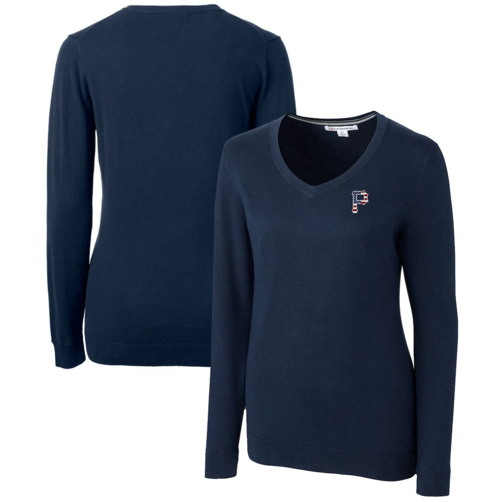 Pittsburgh Pirates Cutter & Buck Women's Americana Logo Lakemont Tri-Blend V-Neck Pullover Sweater Navy