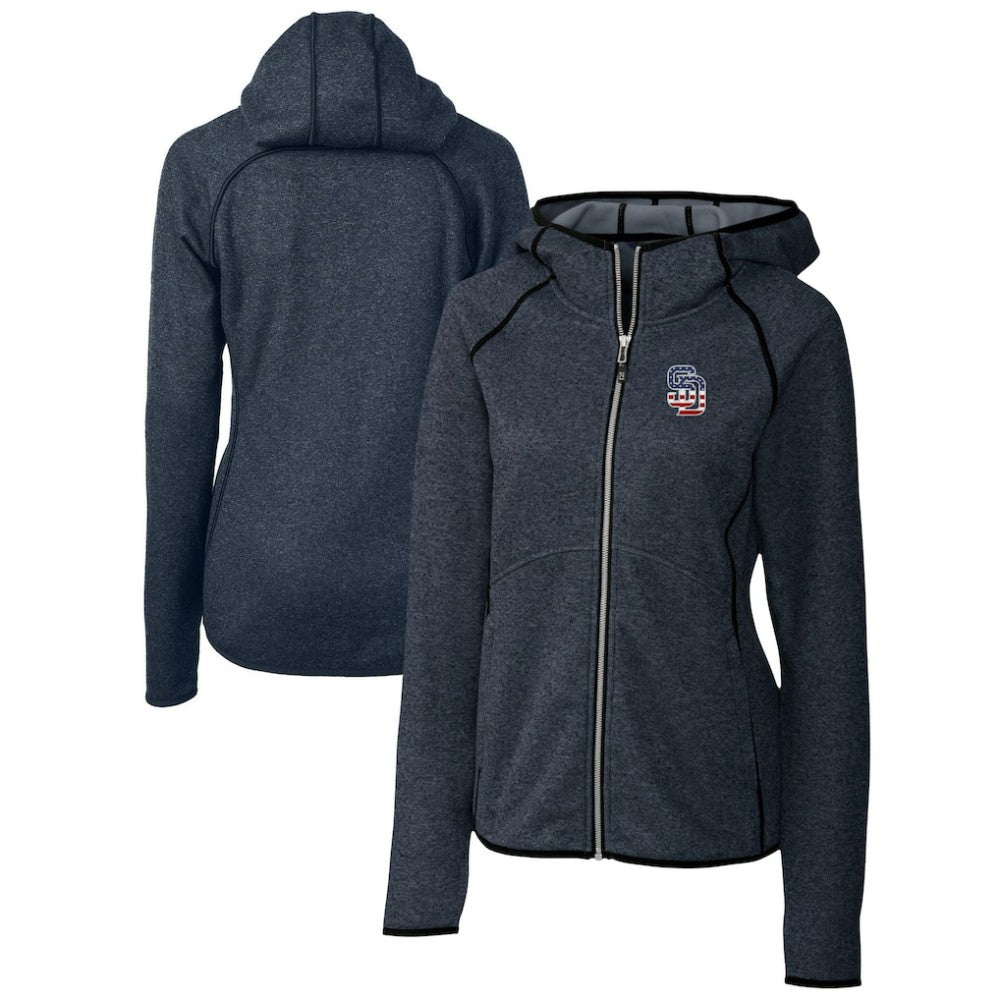 San Diego Padres Cutter & Buck Women's Americana Logo Mainsail Sweater-Knit Full-Zip Hoodie Heather Navy