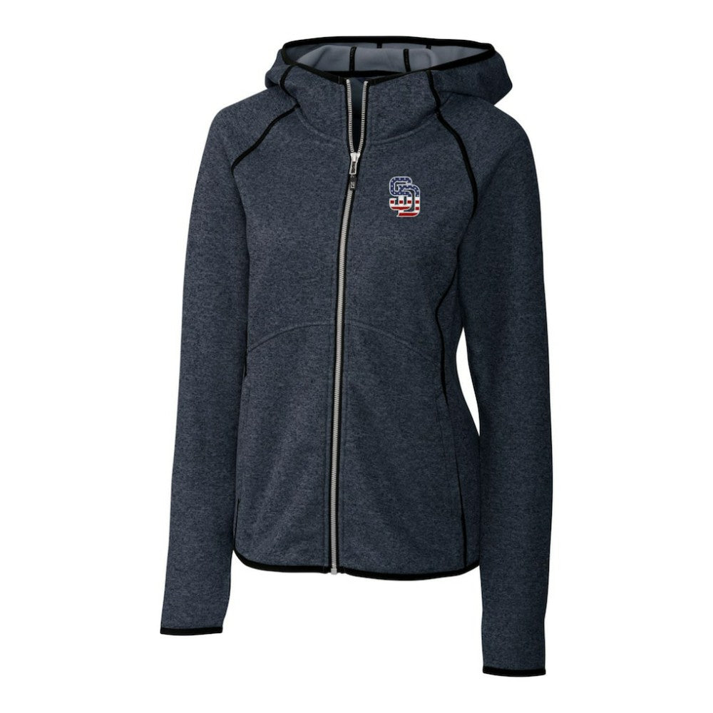 San Diego Padres Cutter & Buck Women's Americana Logo Mainsail Sweater-Knit Full-Zip Hoodie Heather Navy