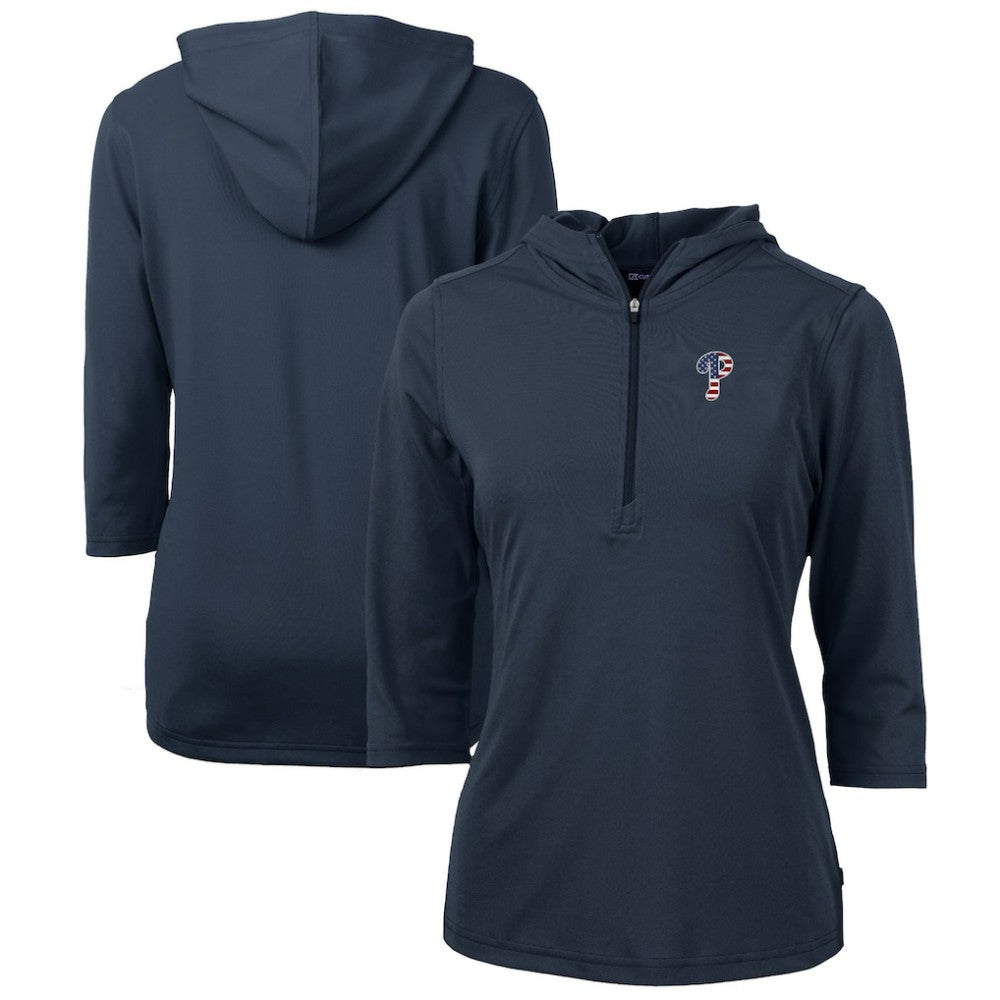 Philadelphia Phillies Cutter & Buck Women's Americana Logo DryTec Virtue Eco Pique Recycled Half-Zip Pullover Hoodie Navy