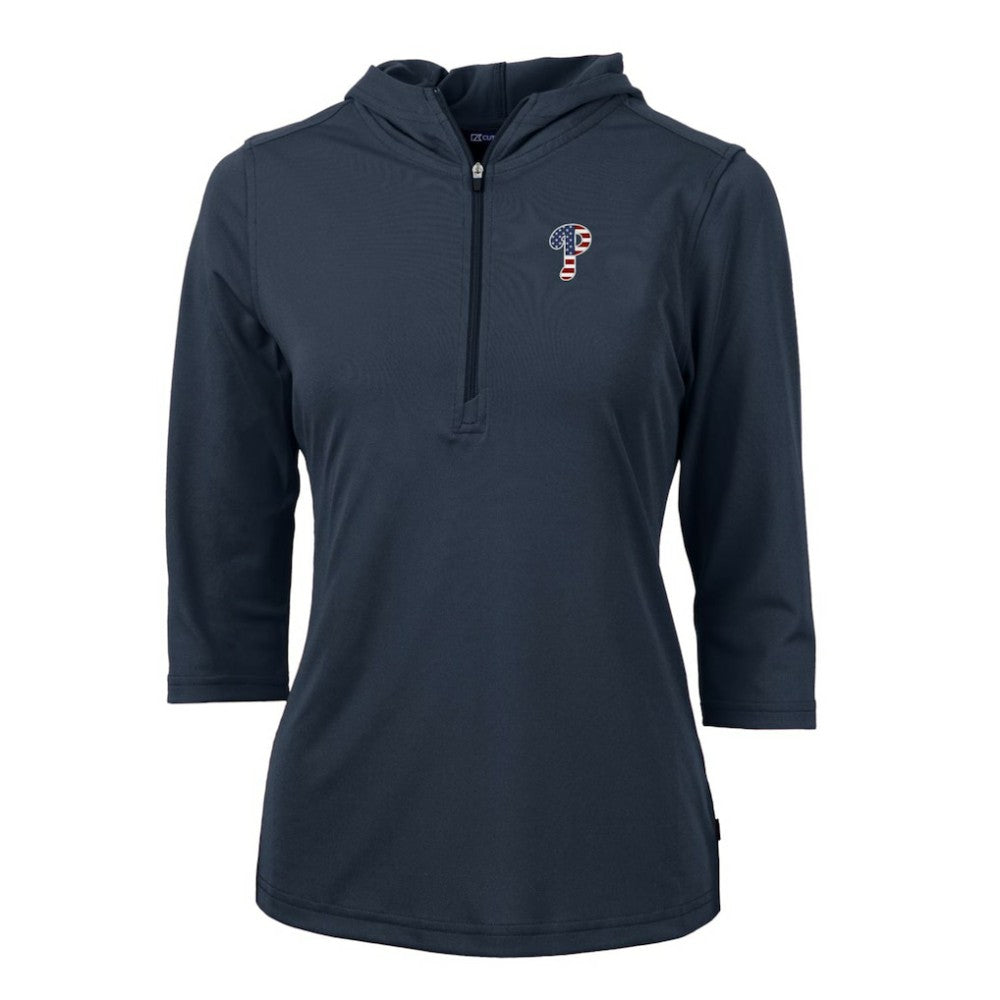 Philadelphia Phillies Cutter & Buck Women's Americana Logo DryTec Virtue Eco Pique Recycled Half-Zip Pullover Hoodie Navy