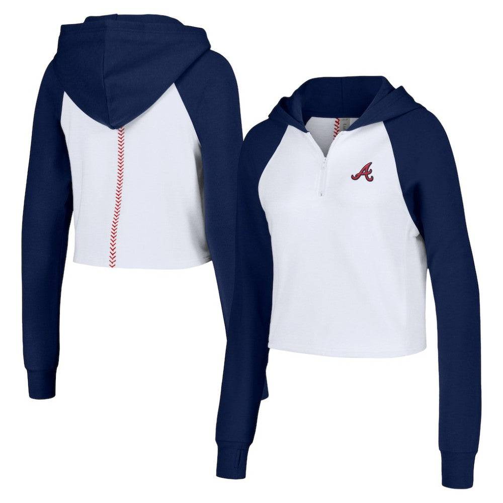 Atlanta Braves Lusso Women's Jane Raglan Quarter-Zip Tri-Blend Cropped Pullover Hoodie White