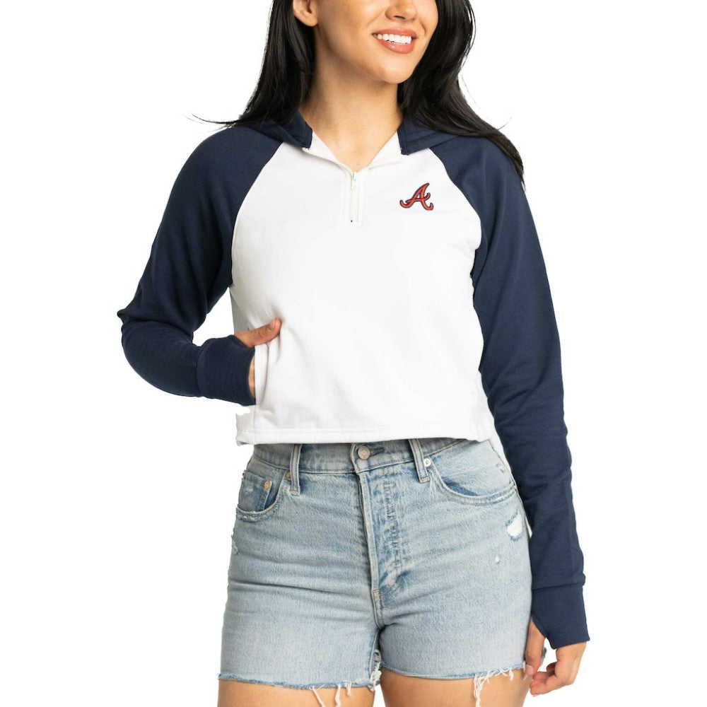 Atlanta Braves Lusso Women's Jane Raglan Quarter-Zip Tri-Blend Cropped Pullover Hoodie White