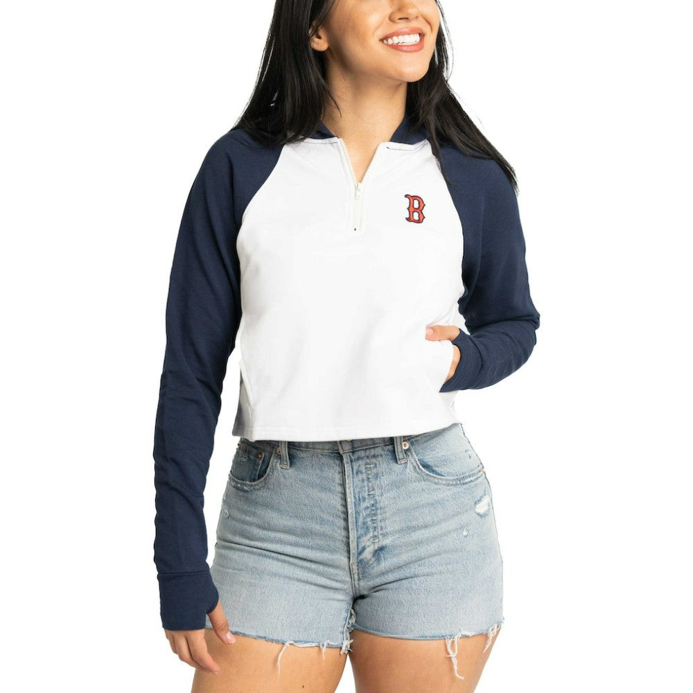 Boston Red Sox Lusso Women's Jane Raglan Quarter-Zip Tri-Blend Cropped Pullover Hoodie White