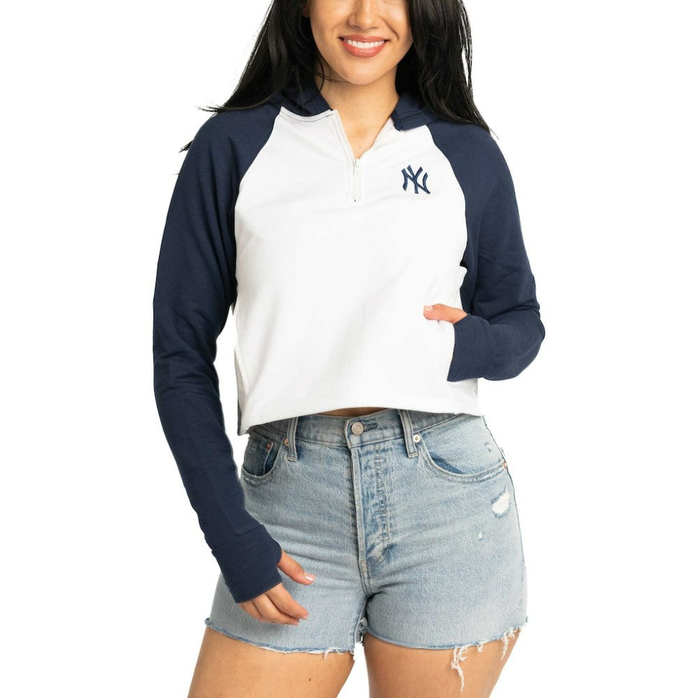 New York Yankees Lusso Women's Jane Raglan Quarter-Zip Tri-Blend Cropped Pullover Hoodie White