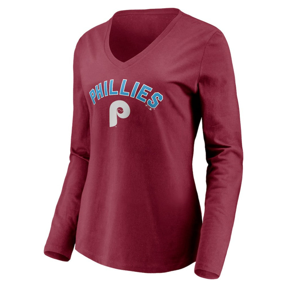 Philadelphia Phillies Women's Personalized Cooperstown Collection Alternate Winning Streak Long Sleeve V-Neck T-Shirt Burgundy